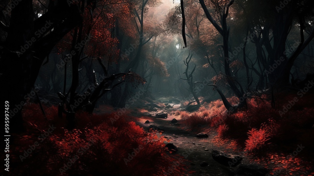Poster a path through a forest with bright red leaves on the ground. generative ai