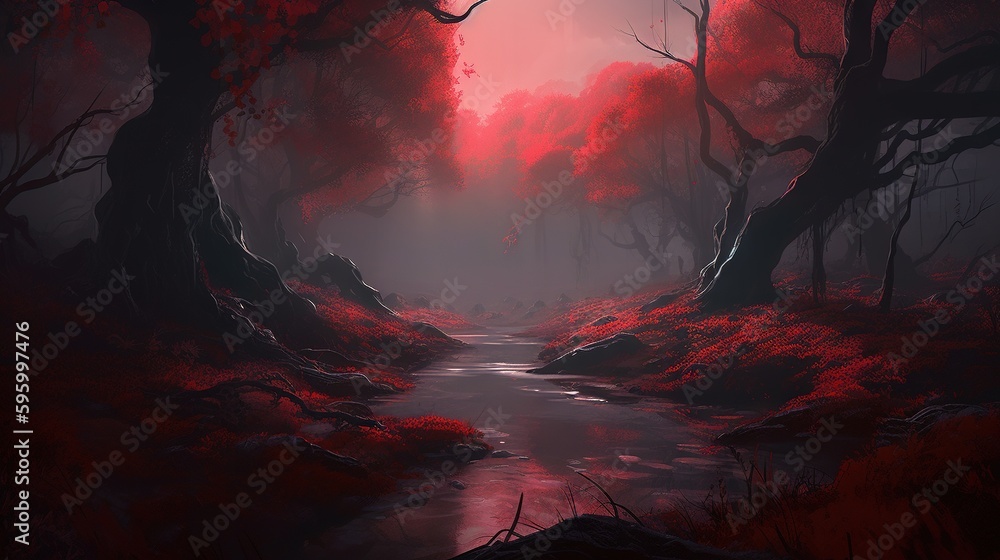 Poster a dark forest with a stream running through it