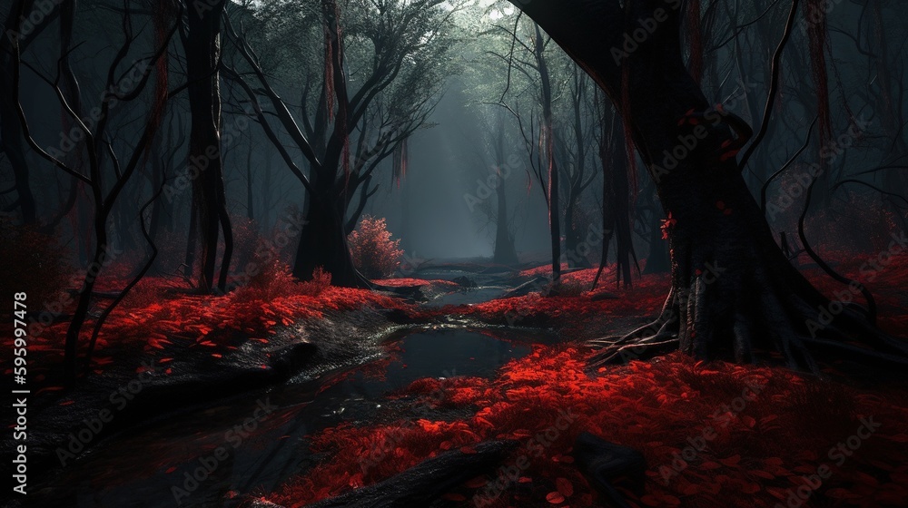 Poster a dark forest with a stream running through the middle of it. generative ai