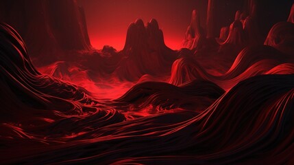  a red and black painting of a landscape with mountains and rocks.  generative ai