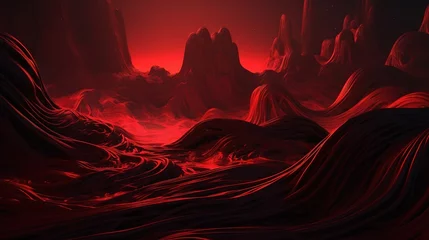 Fototapeten  a red and black painting of a landscape with mountains and rocks.  generative ai © Oleg