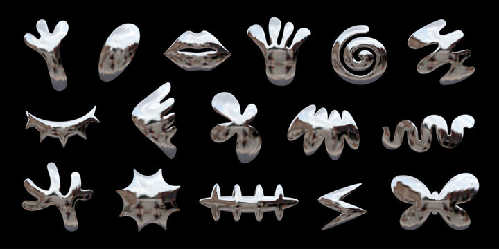 Y2K Design Chrome 3D Elements Set, Metallic Effect Vector Abstract Shapes - Flower, Lightning, Wing, Butterfly, Lips, Spiral, Snake, And Various Others