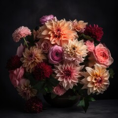 Bouquet with dahlias and garden roses. Mother's Day Flowers Design concept.
