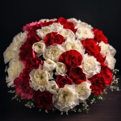 Bouquet with red and white carnations in a heart-shaped arrangement. Mother's Day Flowers Design concept.