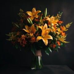 Bouquet with yellow and orange lilies. Mother's Day Flowers Design concept.
