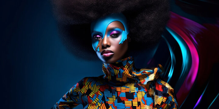 Afroamerikanische Frau in Designer Mode und poppiger bunter Haar Frisur, Gesicht Nahaufnahme im Portr&auml;t, ai generativ