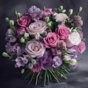 Bouquet with roses and lisianthus. Mother's Day Flowers Design concept.