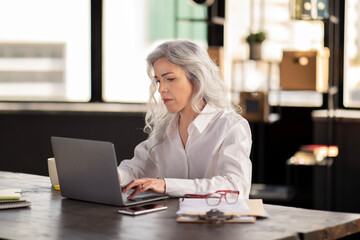 Mature Businesswoman Working On Laptop Typing Sitting In Modern Office