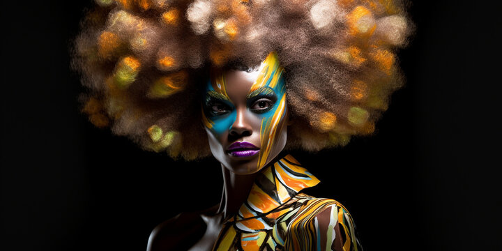 Afroamerikanische Frau in Designer Mode und poppiger bunter Haar Frisur, Gesicht Nahaufnahme im Portr&auml;t, ai generativ