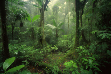 Obraz premium Misty Tropical Forest. Generative Ai