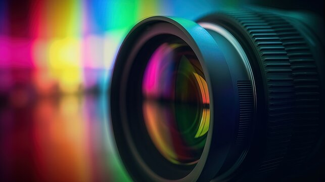 Close up on a camera lens, with colorful lights, concept, Generative Ai