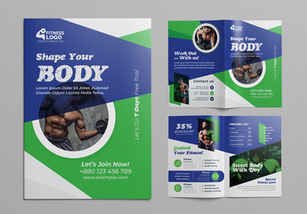 Body Fitness Bifold Brochure With Blue & Green Vector Template