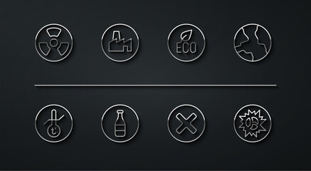 Set line Radioactive, Meteorology thermometer, Worldwide, X Mark, Cross in circle, Bottle, Factory production, Bomb explosion and Leaf Eco symbol icon. Vector