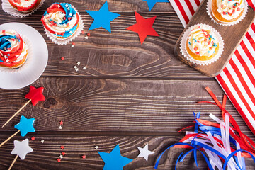 Independence Day Fourth of July USA American patriotic party. Cupcakes with american symbols.