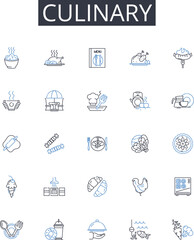 Culinary line icons collection. Delicious cuisine, Gastronomic delight, Tasty cookery, Savory cuisine, Delectable dishes, Flavorful food, Palatable meals vector and linear illustration. Appetizing