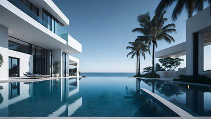 Fototapeta na wymiar Modern design architectural villa exterior with infinity pool. Designed using generative ai.