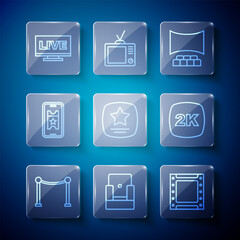 Set line Rope barrier, Cinema chair, Play video, auditorium with screen, Walk of fame star, Buy cinema ticket online, Live stream and 2k Ultra HD icon. Vector