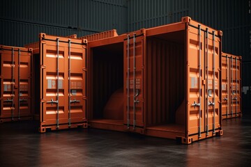 3d illustration of orange cargo containers with open and closed doors for storage and transportation. Generative AI