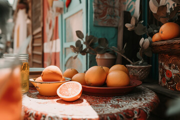 still life with oranges on a beautiful orient table in summer. generative ai - obrazy, fototapety, plakaty