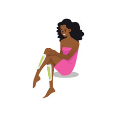 Smiling woman sitting with depilatory strips on legs flat style