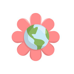 Planet earth flowering. Flower bloom with the world map in the center. Vector illustration.