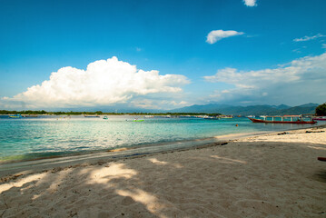 Beautiful coastline at tropical Gili Trawangan, the largest of the Gili islands, only a few hours away from the touristy area of Kuta, Bali, Indonesia