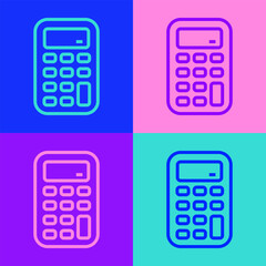 Pop art line Calculator icon isolated on color background. Accounting symbol. Business calculations mathematics education and finance. Vector
