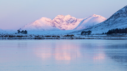 Frozen Loch with An Teallach covered in Snow, Scottish Highlands Mountain Landscape 