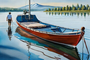 watercolor art of a boat on a lake with a man. blue water and sky. beautiful ai generated art
