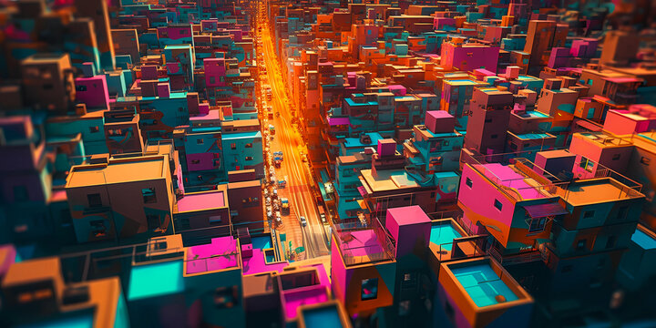 psychedelic birdview city skyline wallpaper, created with generative ai
