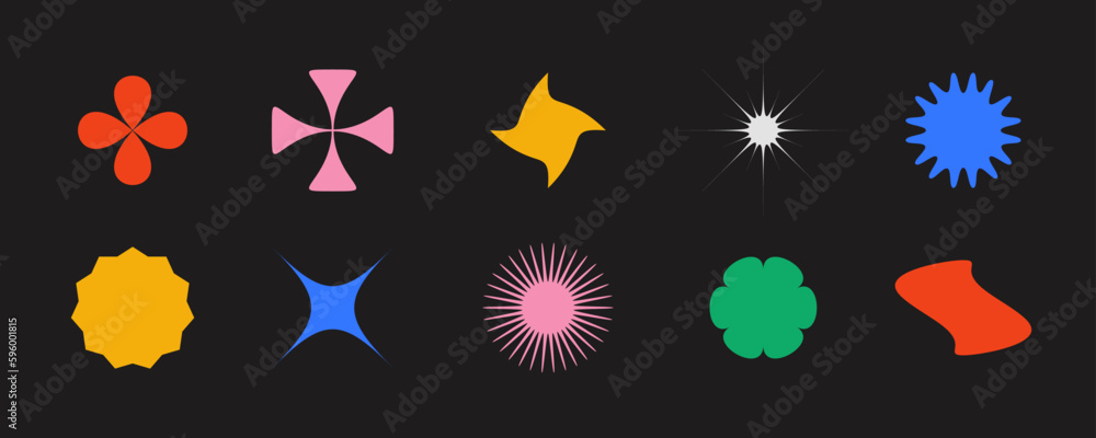 Poster primitive geometric shapes set. abstract stars and flowers forms collection in swiss or bauhaus styl