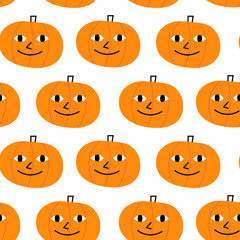 Pumpkins orange cute and funny seamless pattern. Spooky doodle scandinavian cartoon.
