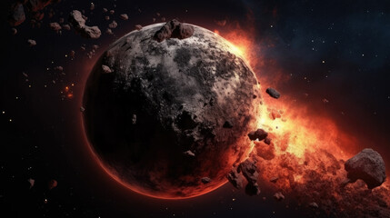 Planet Destroyed in the space surrounding with stars, flares, asteroids, cosmic background, Apocalypse explosion star, death planet scene, with Generative Ai.