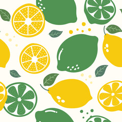 Seamless pattern lemon. Slices of citrus and leaf on white background. Vector illustration.