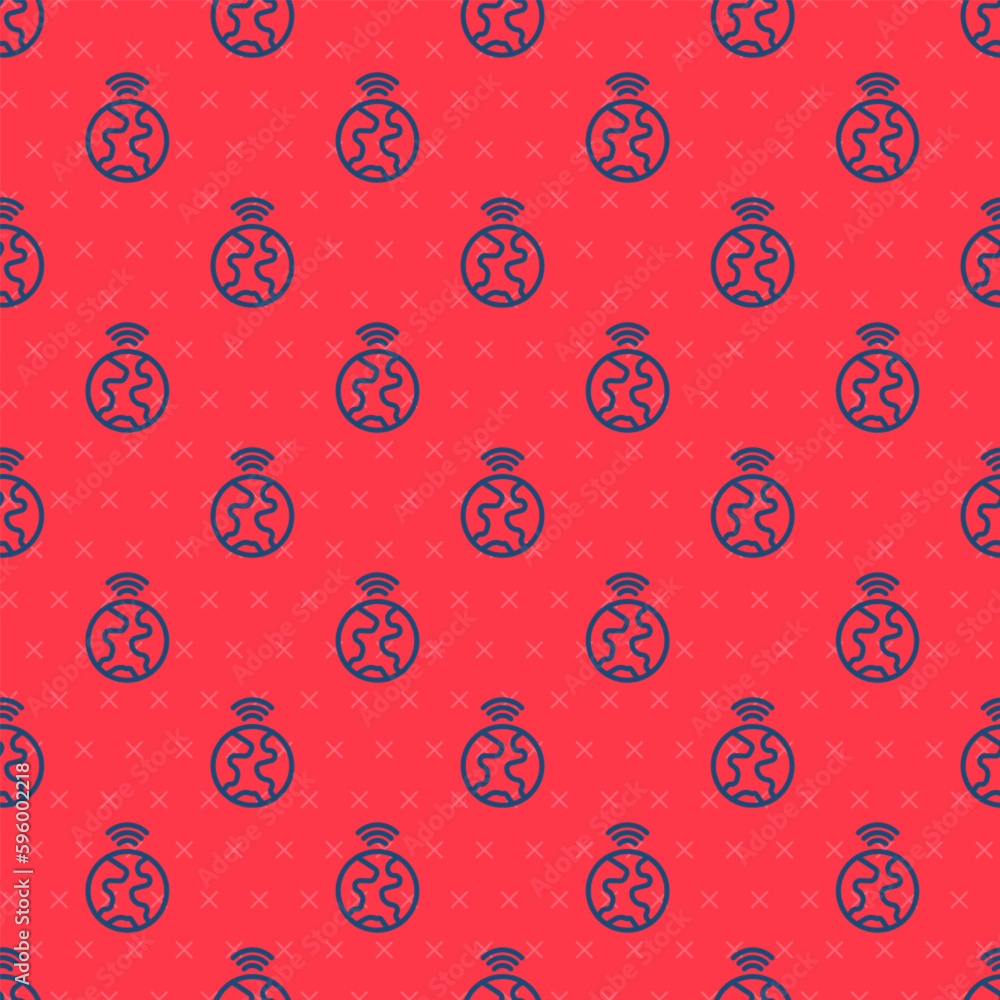 Poster Blue line Global technology or social network icon isolated seamless pattern on red background. Vector