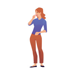 Exhausted woman coughing, allergy symptom flat style, vector illustration