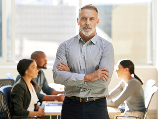 Were about to begin. Cropped portrait of a handsome mature businessman standing with his arms crossed in the boardroom while a meeting takes place behind him.