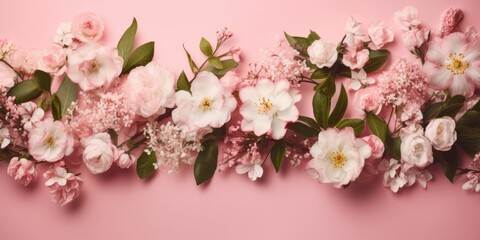 multicolored and White flowers on a pink background. Copy space. Minimal styled concept. Creative lifestyle, summer, spring concept. Copy space, flat lay, top view.