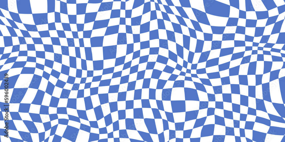 Poster Retro distorted checkerboard background. Blue trippy psychedelic checkered wallpaper. Wavy groovy chessboard surface. Abstract twisted geometric pattern. Vector backdrop
