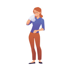 Sneezing woman holding handkerchief flat style, vector illustration