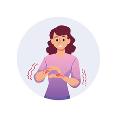 Woman with itchy red spots on hands, round frame flat style