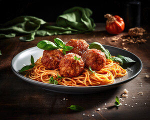 Spaghetti with meatballs and tomato sauce on a dark background. - obrazy, fototapety, plakaty