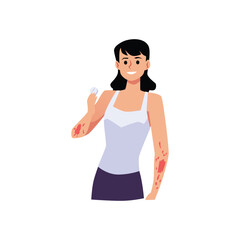 Smiling woman with red spots on hands holding tablet flat style