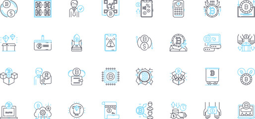 Cryptocurrency trading linear icons set. Bitcoin, Blockchain, Altcoins, HODL, Mining, Wallets, Ethereum line vector and concept signs. Market,ICO,Blockchain technology outline illustrations - obrazy, fototapety, plakaty