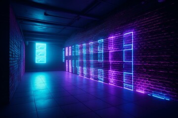 Futuristic neon club with purple and blue lights, empty room with old grunge brick wall wallpaper. 3D rendering. Generative AI