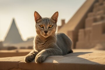 An ancient, desert-dwelling feline poses with the iconic pyramids in the background. Generative AI