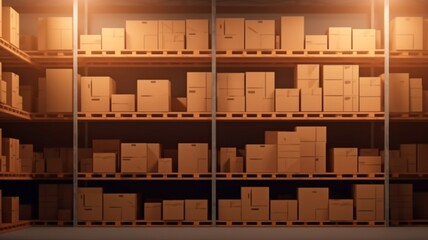 carton boxes warehousing shelf with product. Product packaging for logistical delivery. Retail warehouse full of shelves holding delivery boxes. Banner Background.Generative AI