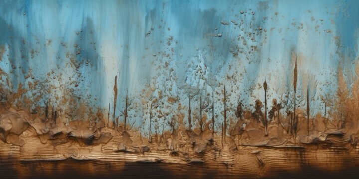 Toned painted old concrete wall with plaster. brown sepia and blue vintage texture background with space for design. Close up. Rough brush strokes. Grungy, grainy, uneven surface. Empty © Eli Berr