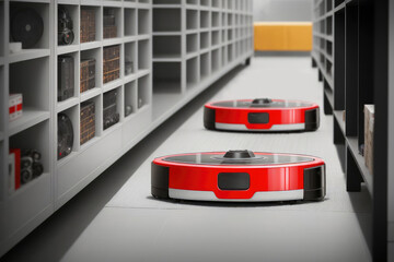 Robots vacuum cleaners do floor cleaning in corridor in deserted archive of office, Generative AI