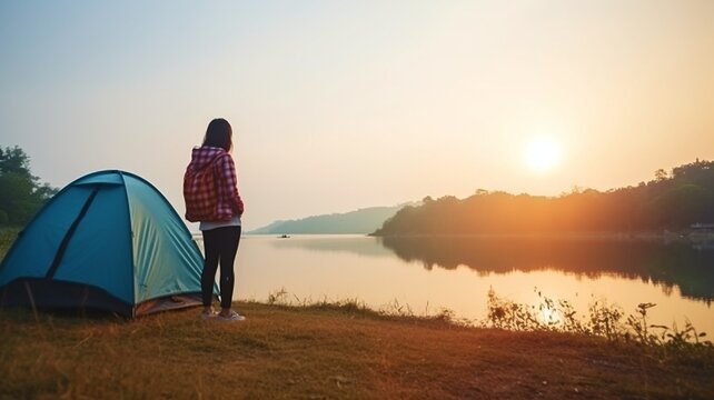 Woman goes camping and travels alone. A lifestyle of outdoor recreation and travel. Good morning and welcome to a brand-new day.The Generative AI